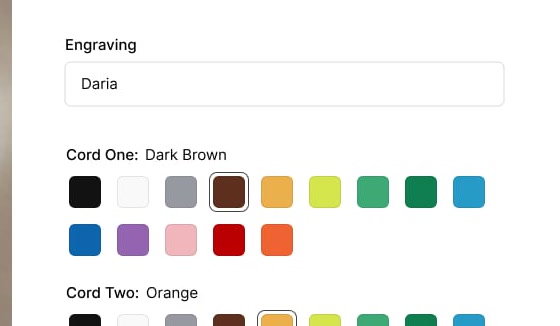 An engraving field and color swatches for a cord on a product page