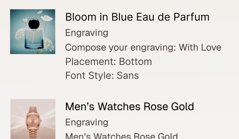 A cart listing the engraving, placement and font style chosen for each product