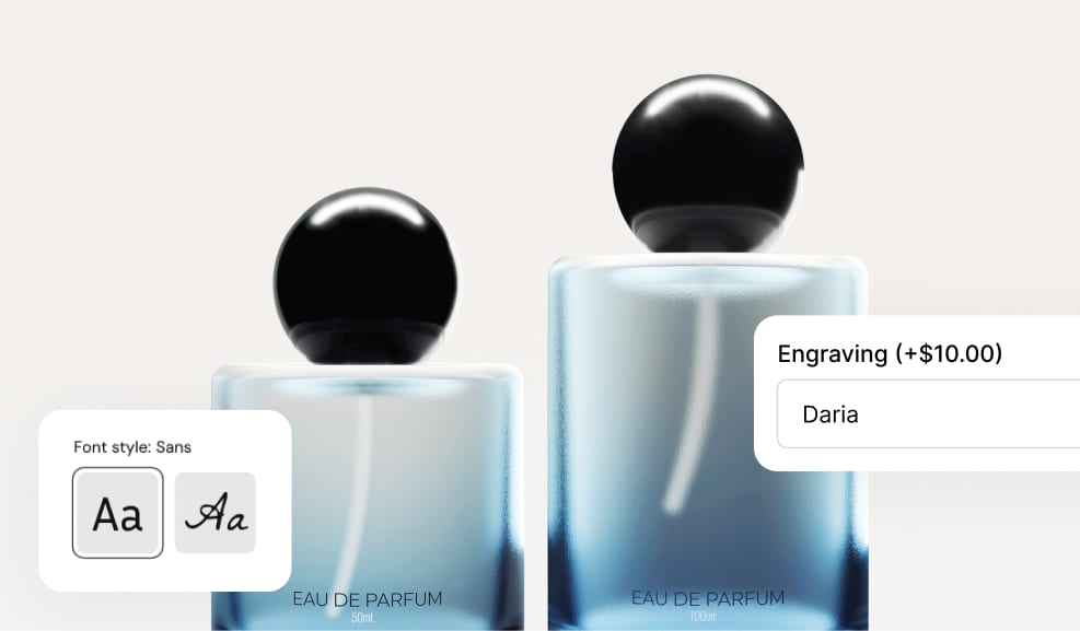 Two perfume bottles with a font style choice and a paid engraving field